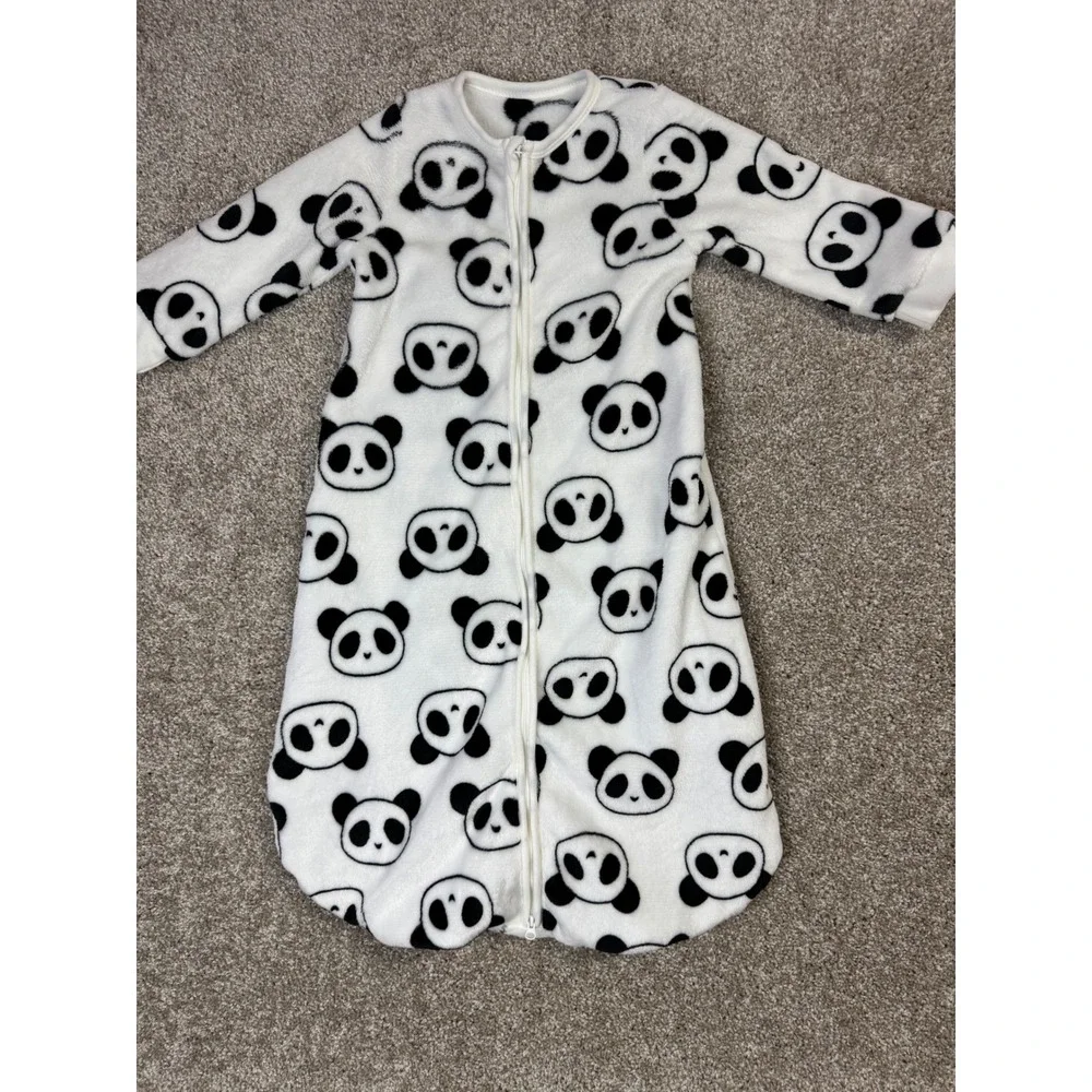 Black White Panda Print Fleece Baby Sleep Sack Long Sleeve Full Zip Pajamas